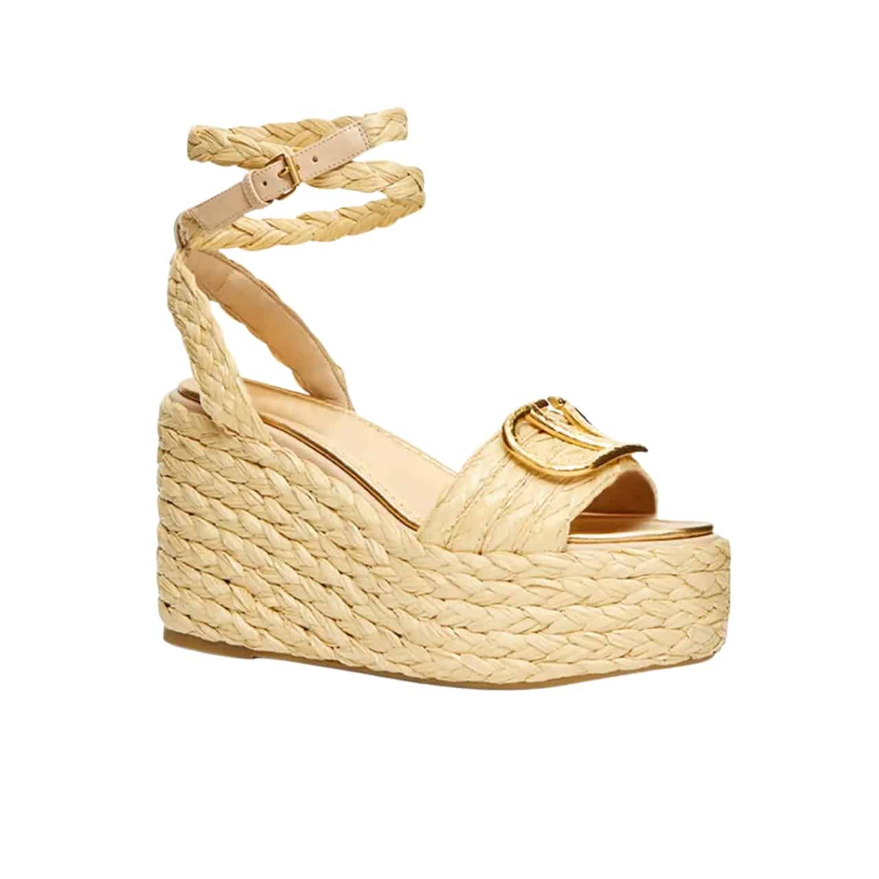 Va1e*ntin0 Garavani Vlogo Raffia Platform Wedge Sandals Natural