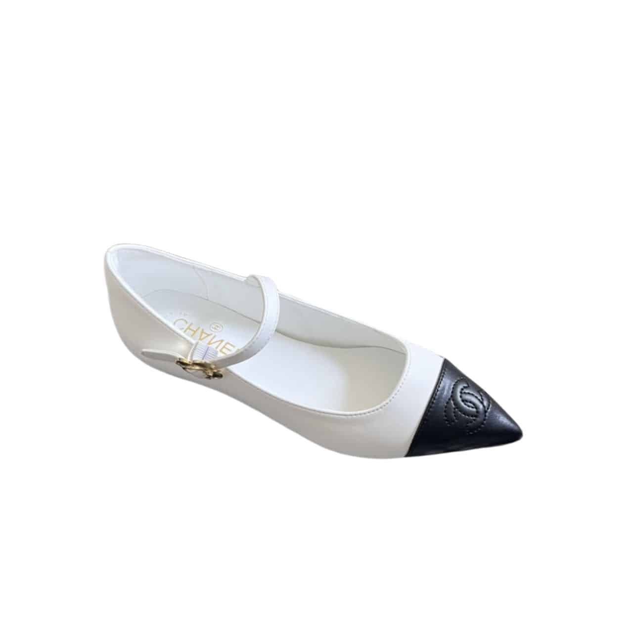 Ch**el Pointed Toe Doll Shoes With Gold Flower In White