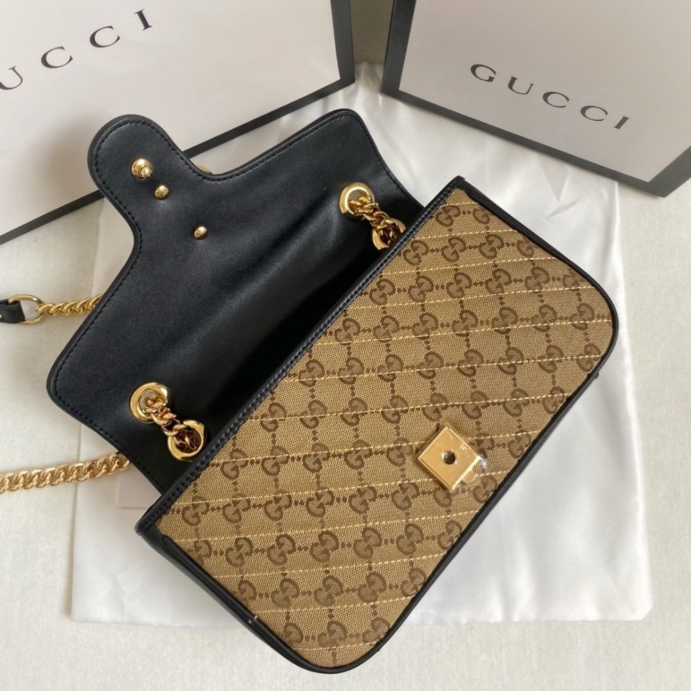 Gvc*1 Gg Marmont Shoulder Bag Beige Black 26Cm 443497 Hvkeg 9772
