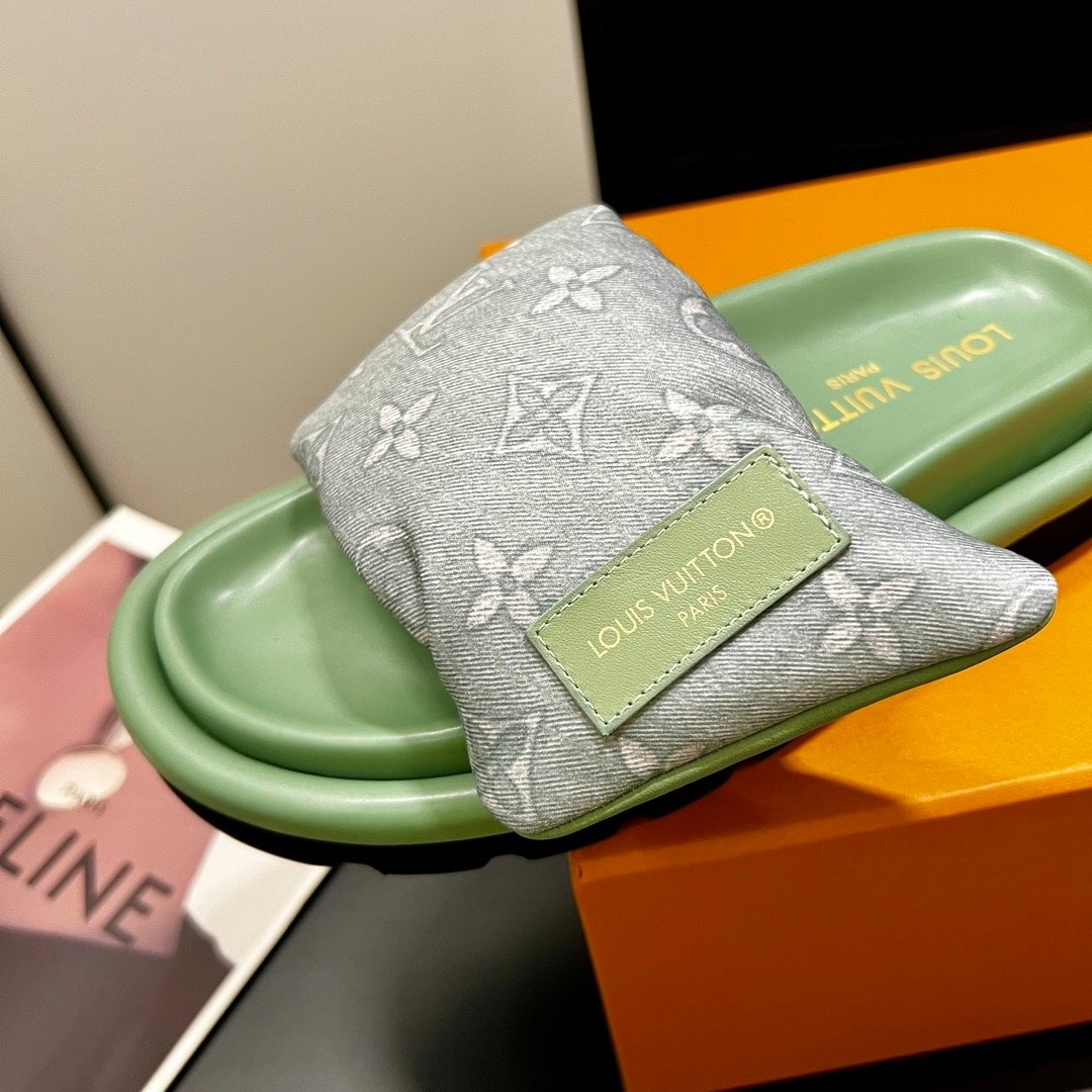 L0vis Vvtt0n Pool Pillow Flat Comfort Mule Sandals Kaki Green 1Acj06