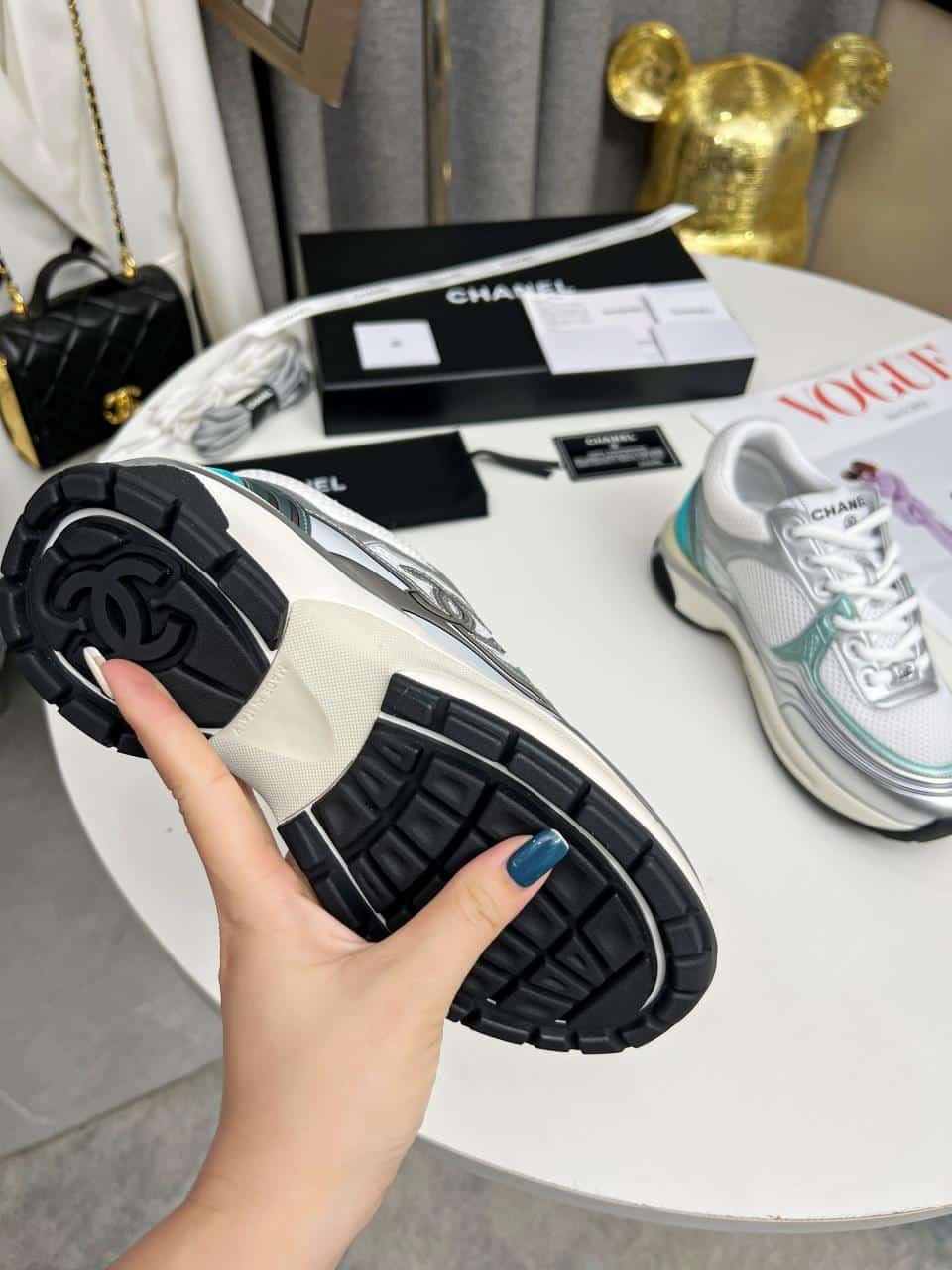 Ch**el 23C Silver Metallic Cc Logo Lace Up Flat Runner Trainer Sneaker White Turquoise