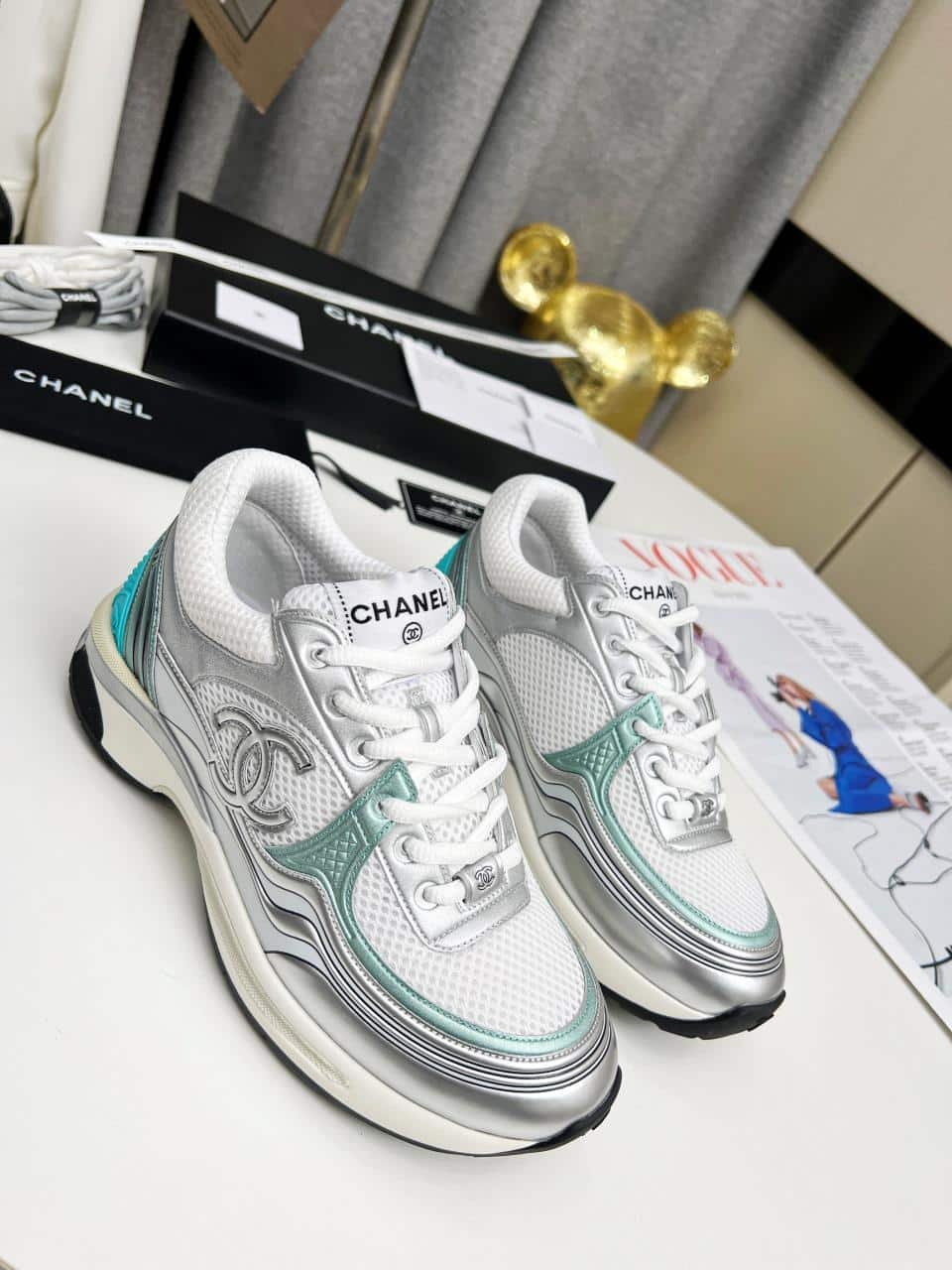 Ch**el 23C Silver Metallic Cc Logo Lace Up Flat Runner Trainer Sneaker White Turquoise