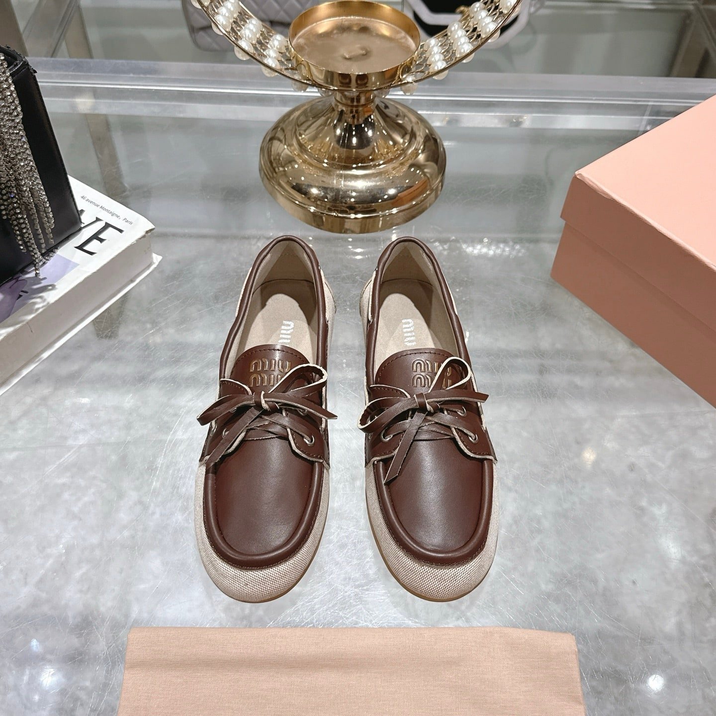 M1um1u Canvas And Bleached Leather Boat Shoes Beige 5D376E 3Lqm F0J51 F 005
