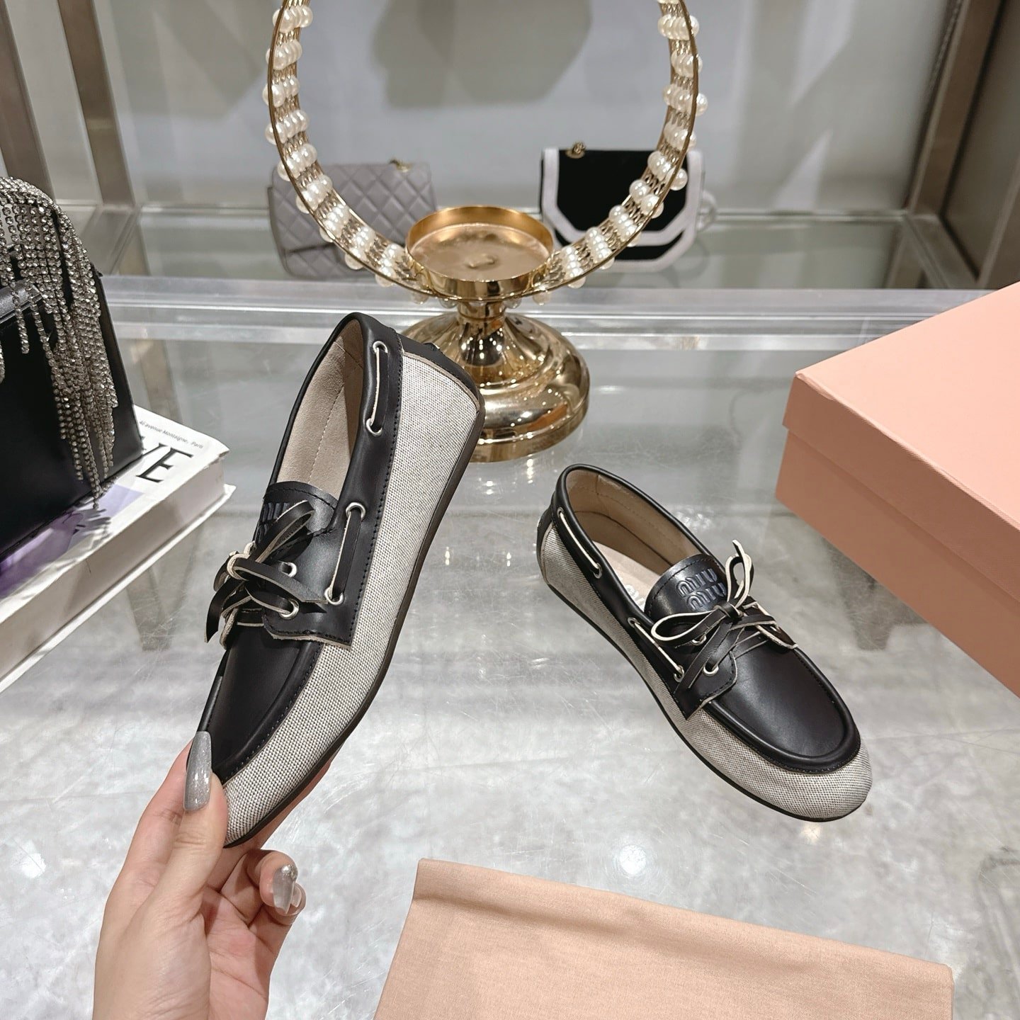 M1um1u Canvas And Bleached Leather Boat Shoes Black