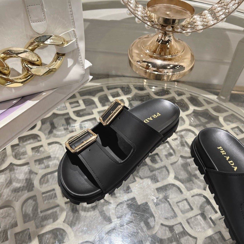 Pra*a Leather Strap Slides Black 1Xx692 3Lem F0002 F 020