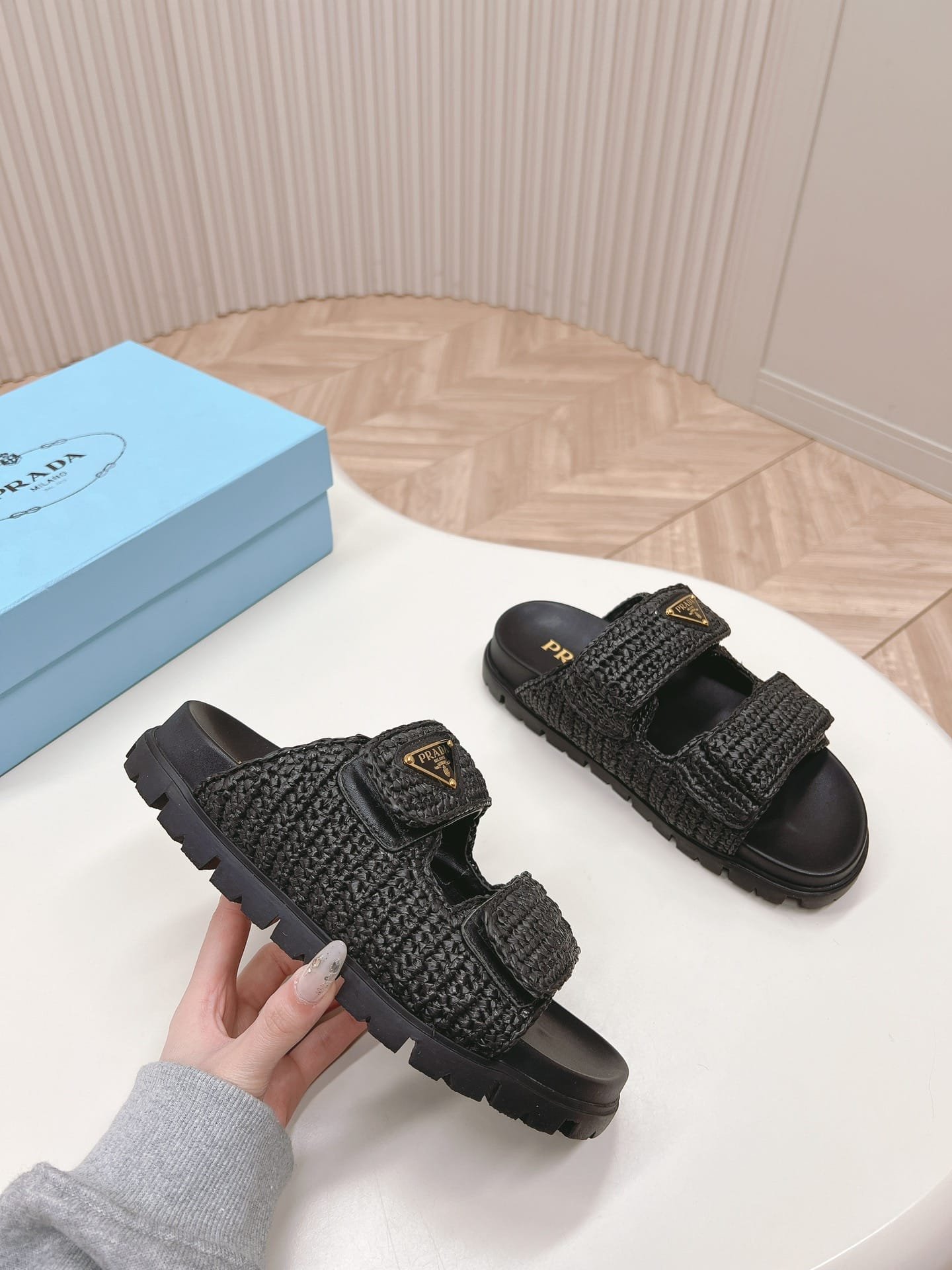 Pra*a Fussbett Raffia Dual Buckle Slide Sandals Black