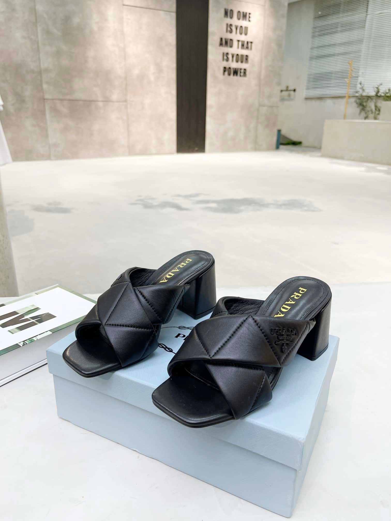 Pra*a Crossover Nappa Leather Sandals In Black