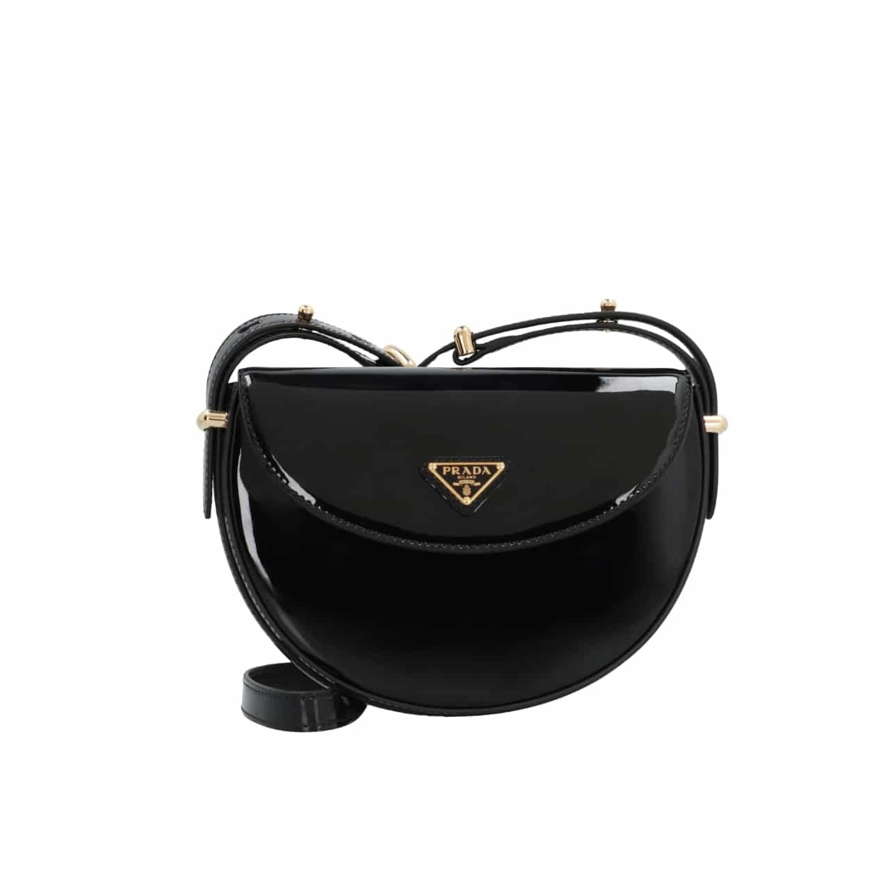 Pra*a Triangle Logo Patent Leather Shoulder Bag Black 17Cm