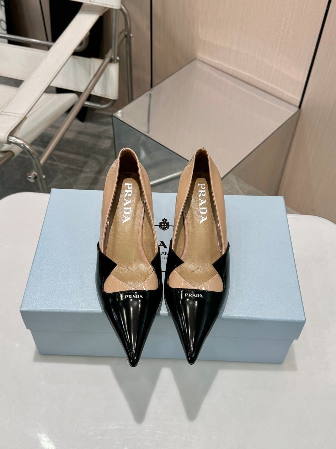 Pra*a Two Tone Toe Kitten Heels In Black And Beige