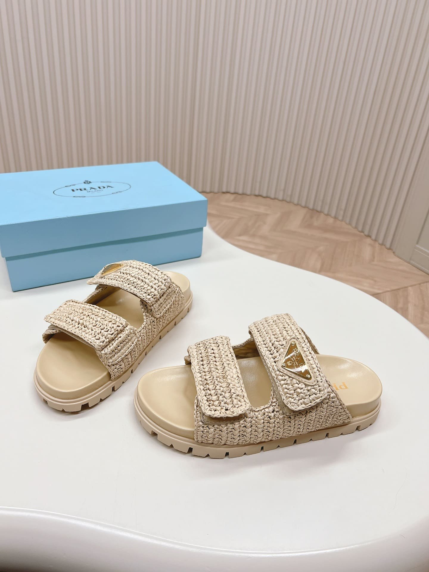 Pra*a Raffia Double Band Slide Sandals Beige 1Xx699 F020 2C2T F0018