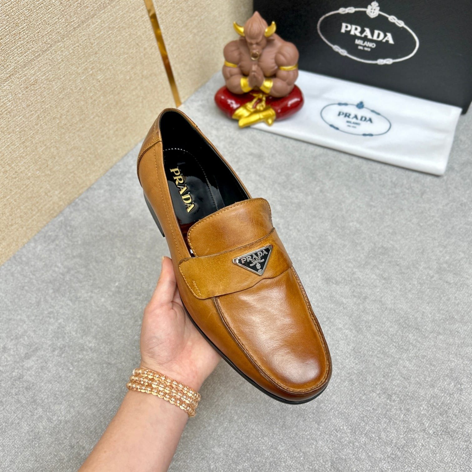 Pra*a Brushed Leather Loafers Triangle Logo Brown