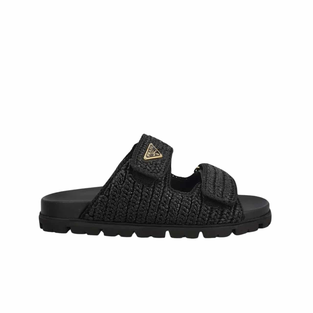 Pra*a Fussbett Raffia Dual Buckle Slide Sandals Black