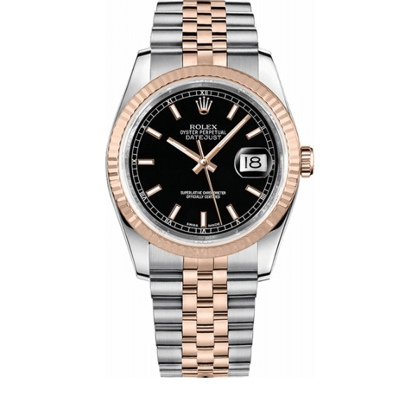 R01ex Oyster Perpetual Datejust Black Dial With Silver And Everose Gold Strap 36Mm 116231