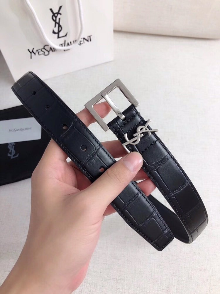 Sa1nt Lau*nt Croc Embossed Leather Belt Black And Silver 26267332
