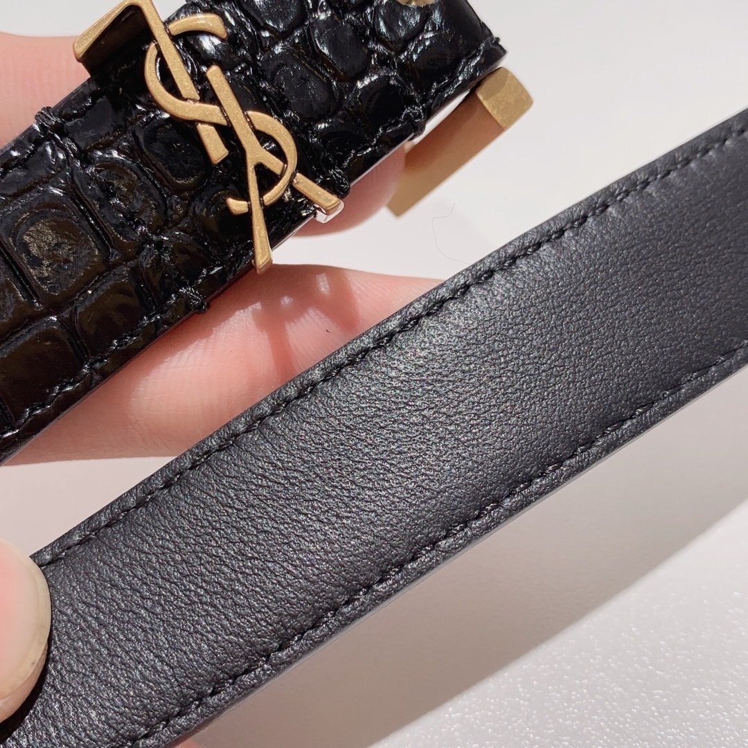 Sa1nt Lau*nt Croc Embossed Leather Belt Black And Gold 26267332