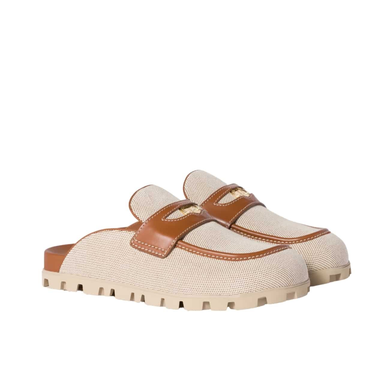 M1um1u Canvas And Leather Mules Beige 5D377E Q1D F062F F 010