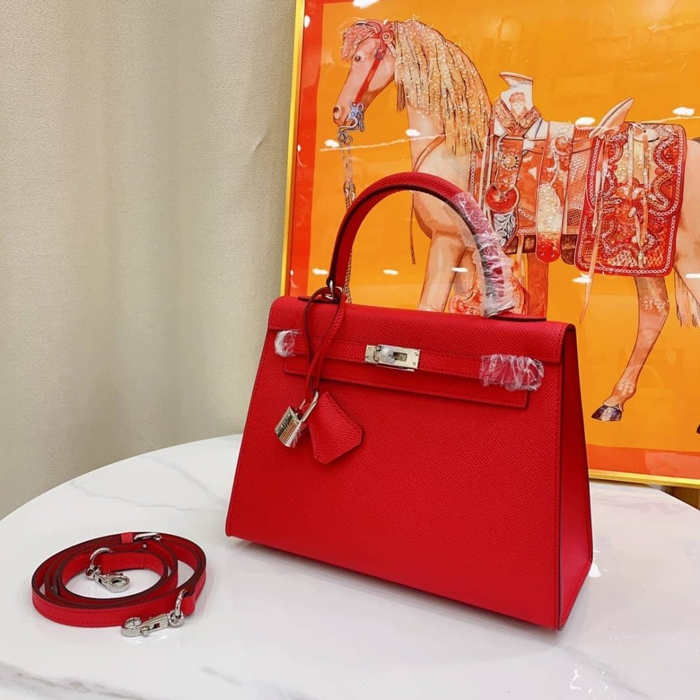 H**me5 Kelly Sellier 25 Casaque Epsom Rouge With Silver Hardware In 25Cm