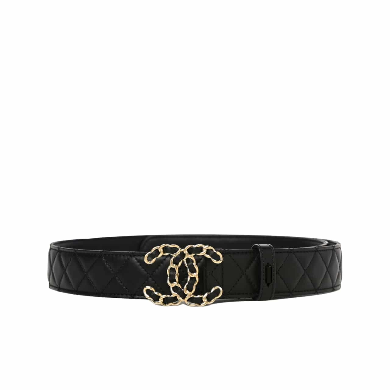 Ch**el Cc Belt Gold Chain And Black Leather 28Mm
