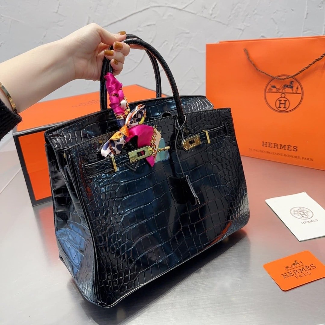 H**me5 Birkin 30 Shiny Porosus Crocodile Black Noir 30Cm