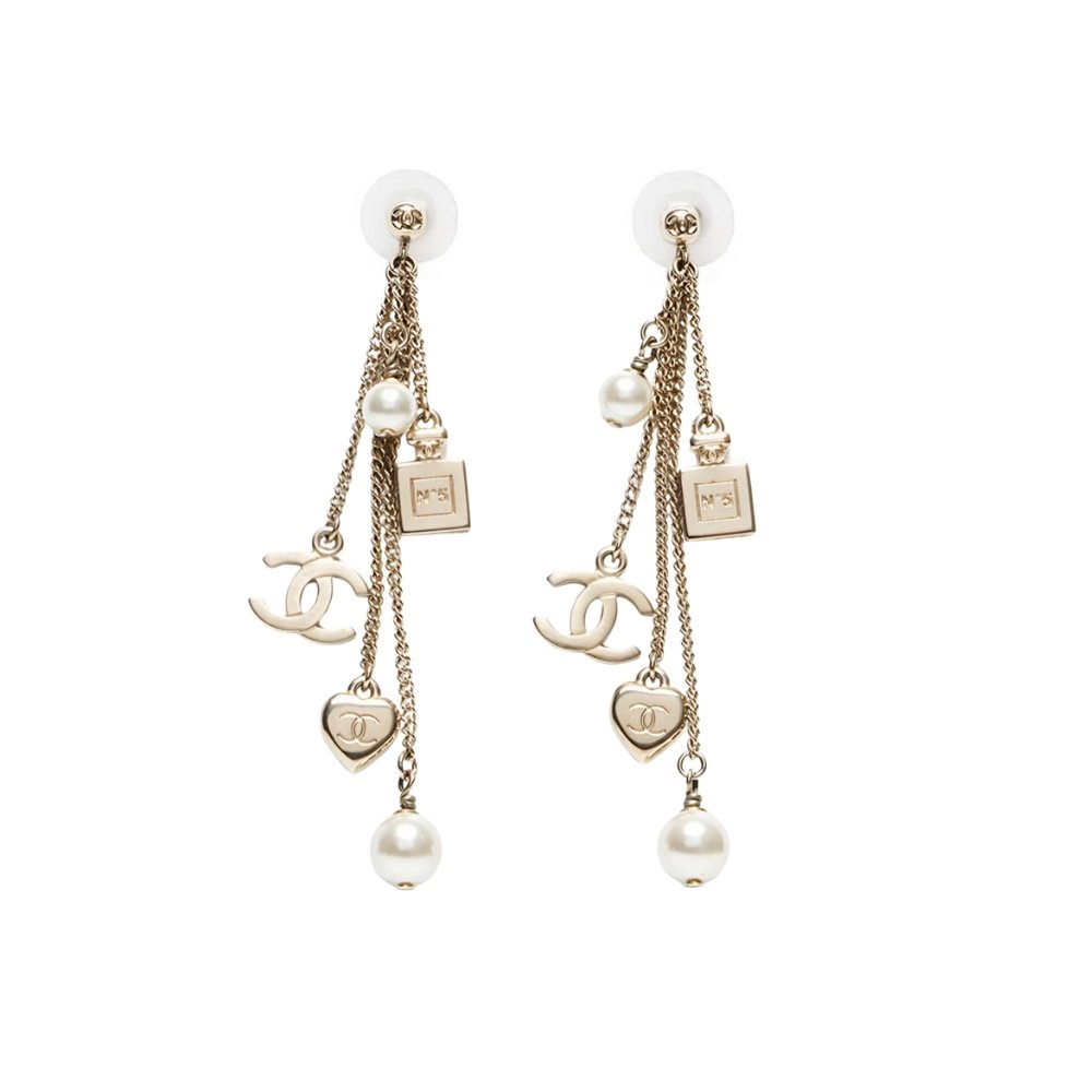 Ch**el CC Logo Perfume Bottle Heart Pearl Earrings Metal Faux Pearl Gold