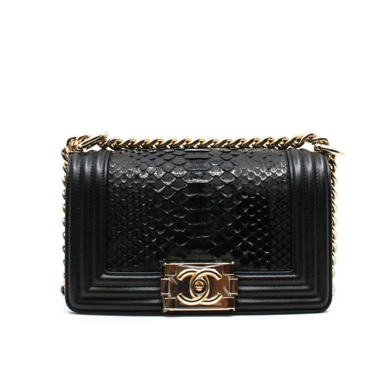 Ch**el Boy Flap Bag Snake Leather Black 25Cm