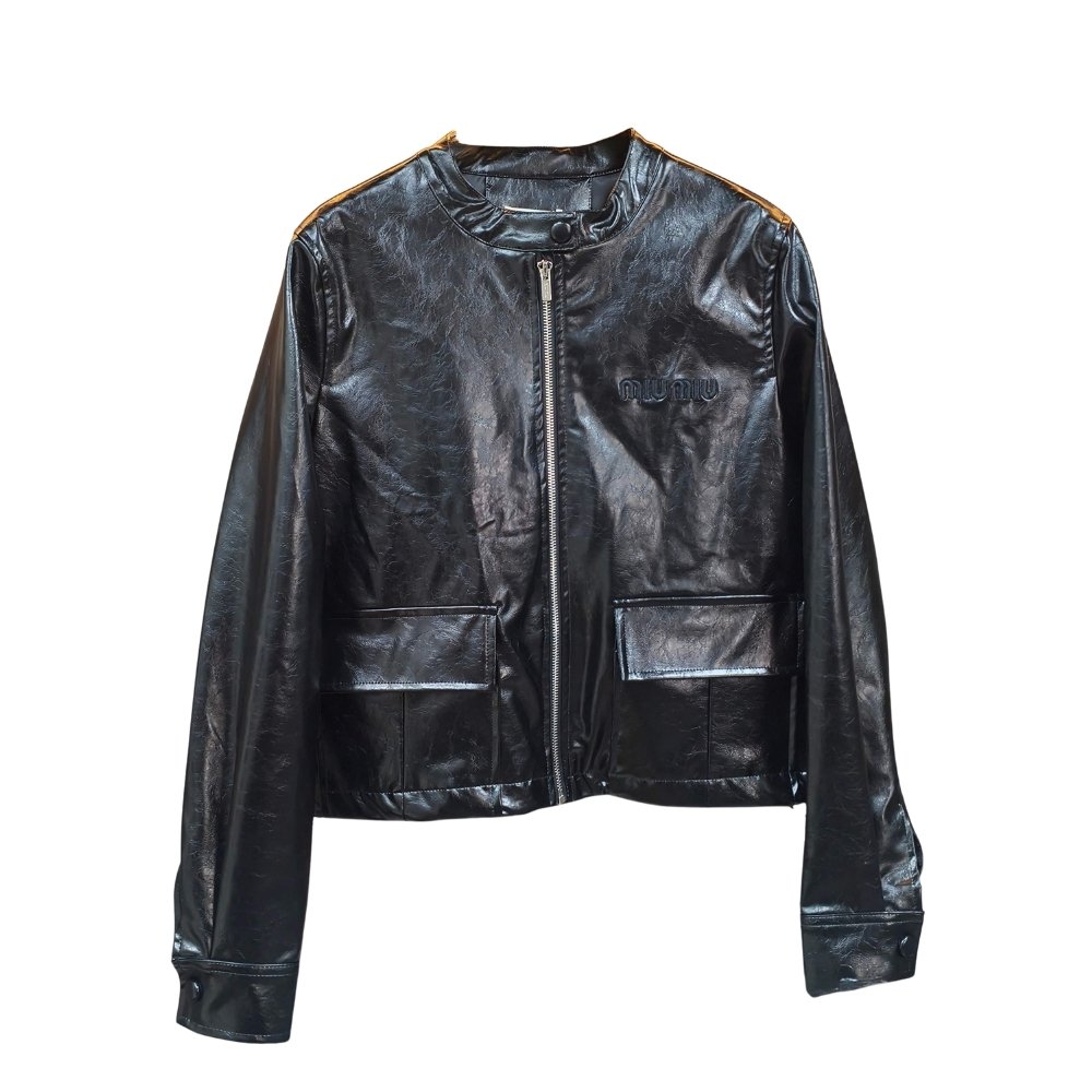 M1um1u Crop Top Jacket Black Leather