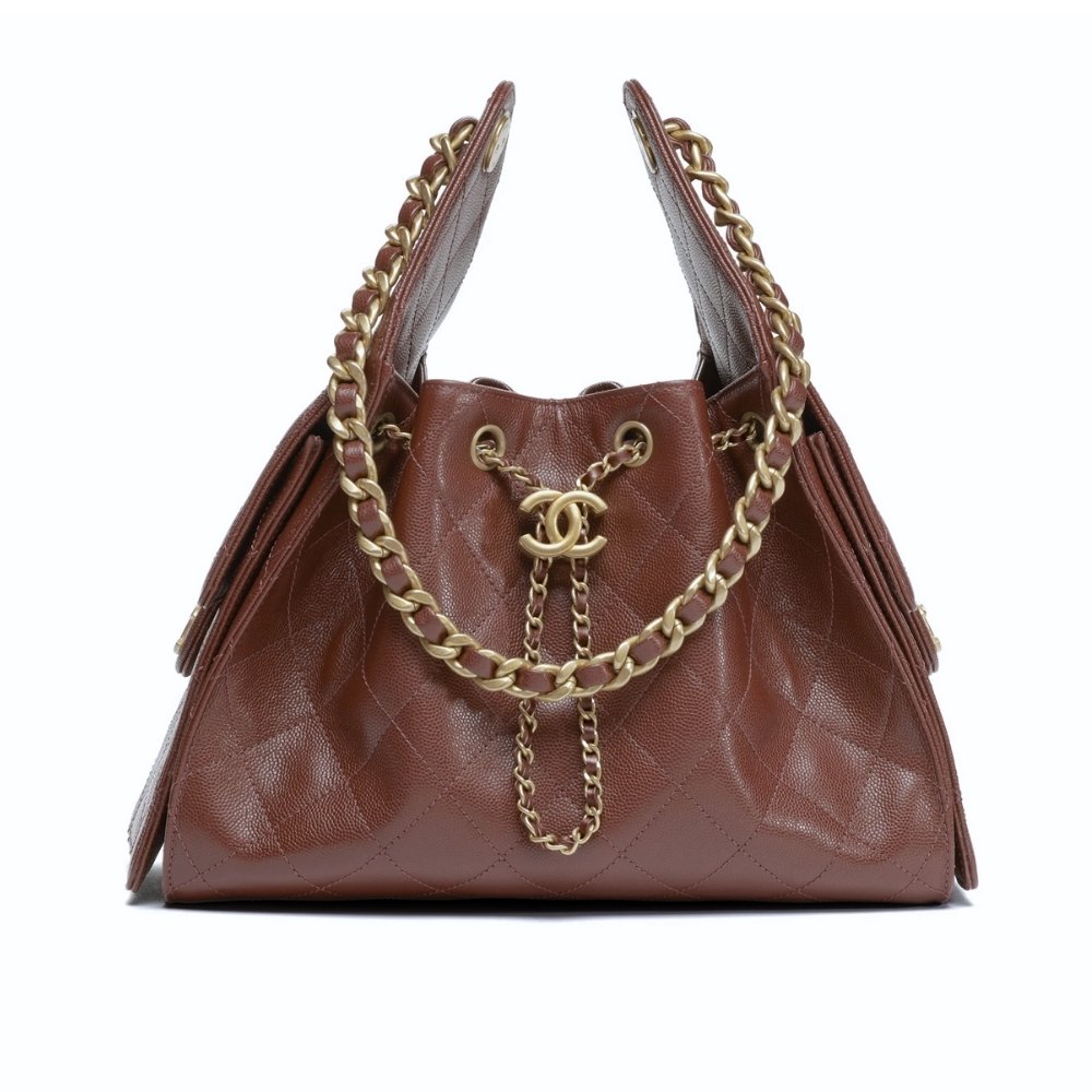 Ch**el 25 Small Handbag Grained And Gold Tone Metal Brown 26Cm As5293 B20304 U1192