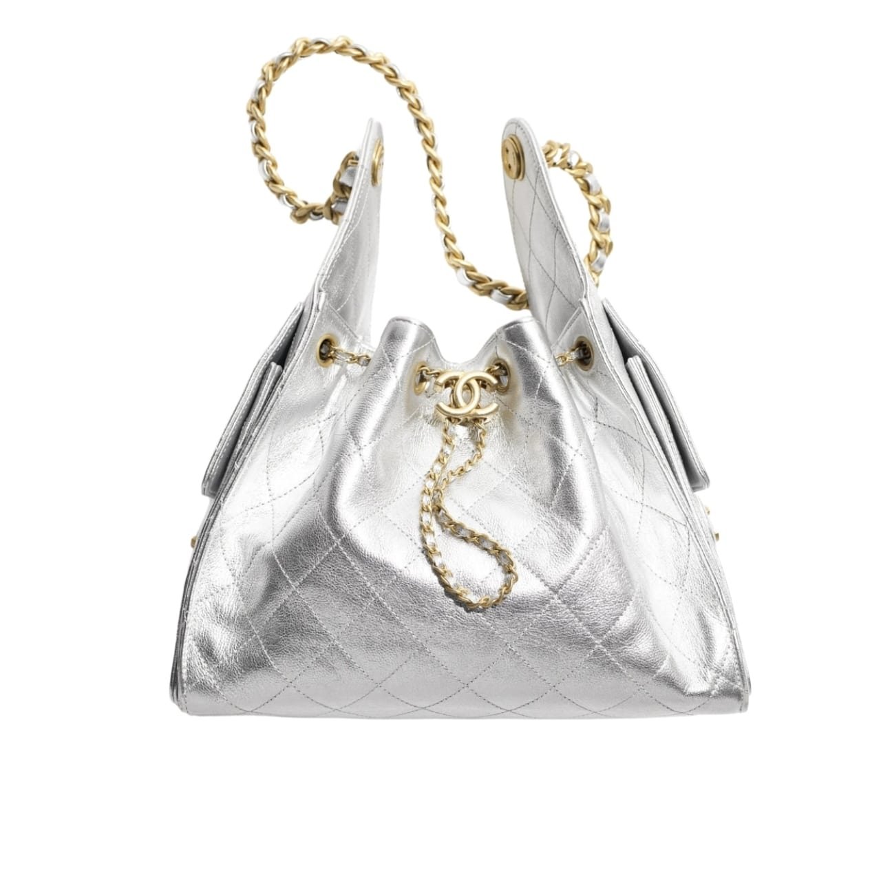 Ch**el 25 Small Handbag Metallic Grained And Gold Tone Metal Silver 26Cm As5293 B20405 Nzv67
