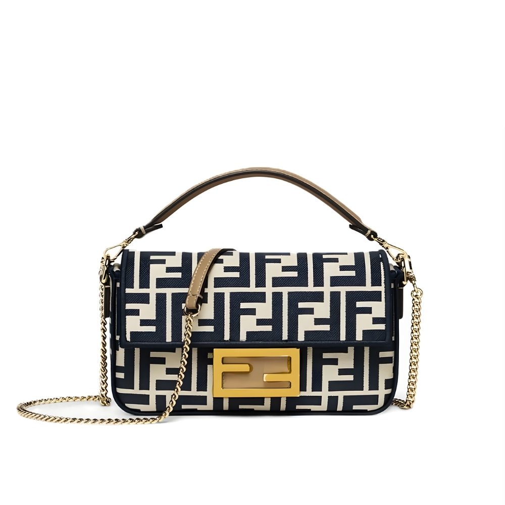 F**di Baguette Mini FF Jacquard Fabric Bag Navy Blue 21Cm