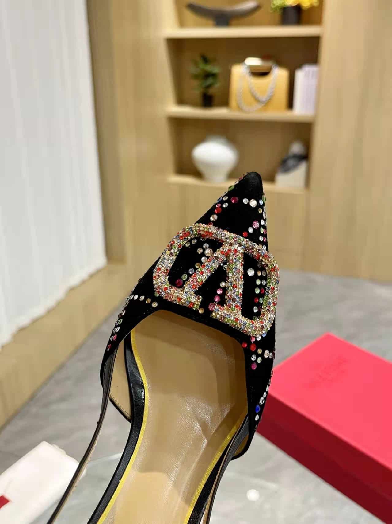 Va1e*ntin0 Vlogo Signature Back Strap Crystal High Heels Black