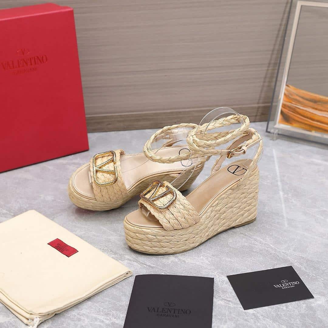 Va1e*ntin0 Garavani Vlogo Raffia Platform Wedge Sandals Natural
