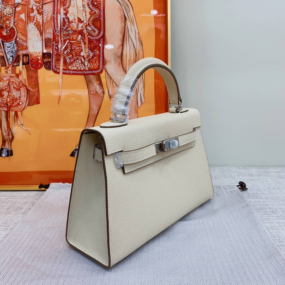 H**me5 Mini Kelly Bag Epsom White Silver Hardware 20Cm