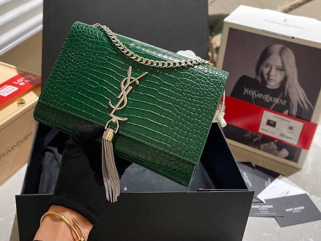 Sa1nt Lau*nt Kate Tassel Medium Crocodile Embossed Leather With Silver Hardware Green 22Cm