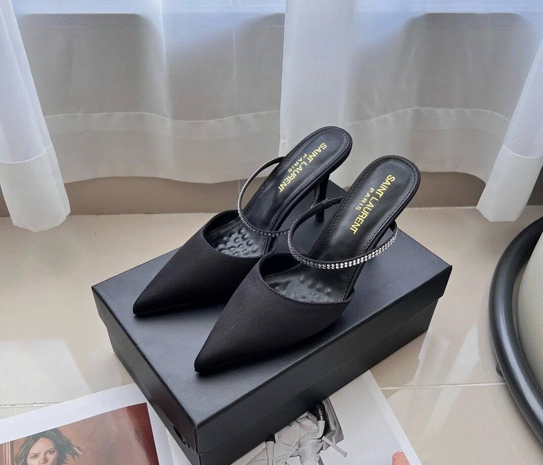 Sa1nt Lau*nt Barbara Mules Satin And Rhinestones In Black 7997159Qn0A1021