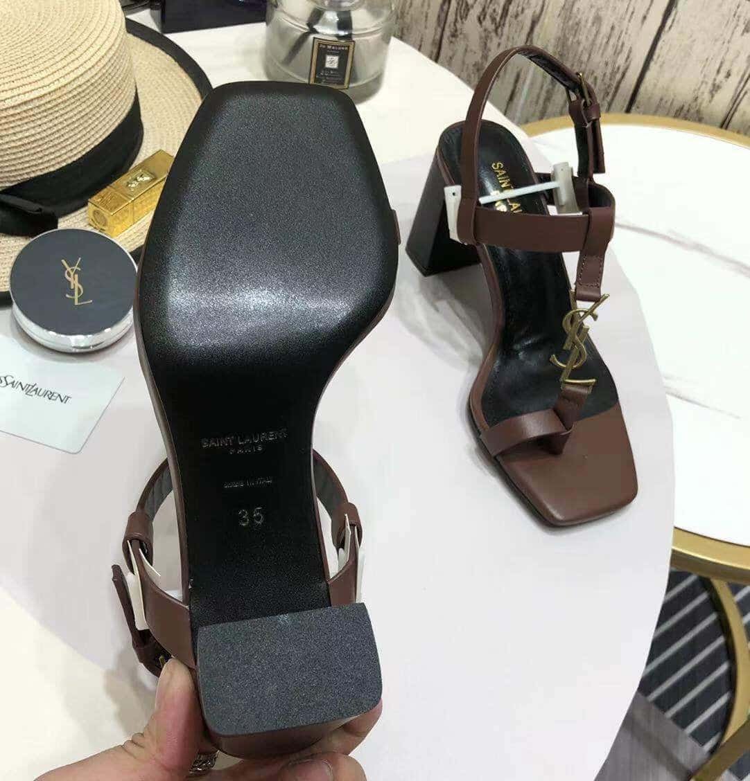 Sa1nt Lau*nt Cassandra Leather Slingback Sandals Brown