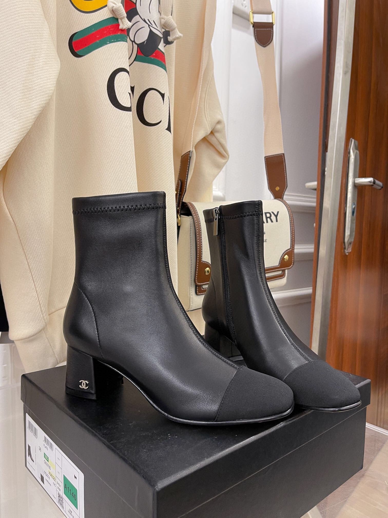 Ch**el Square Toe Leather Ankle Boots Shiny Black