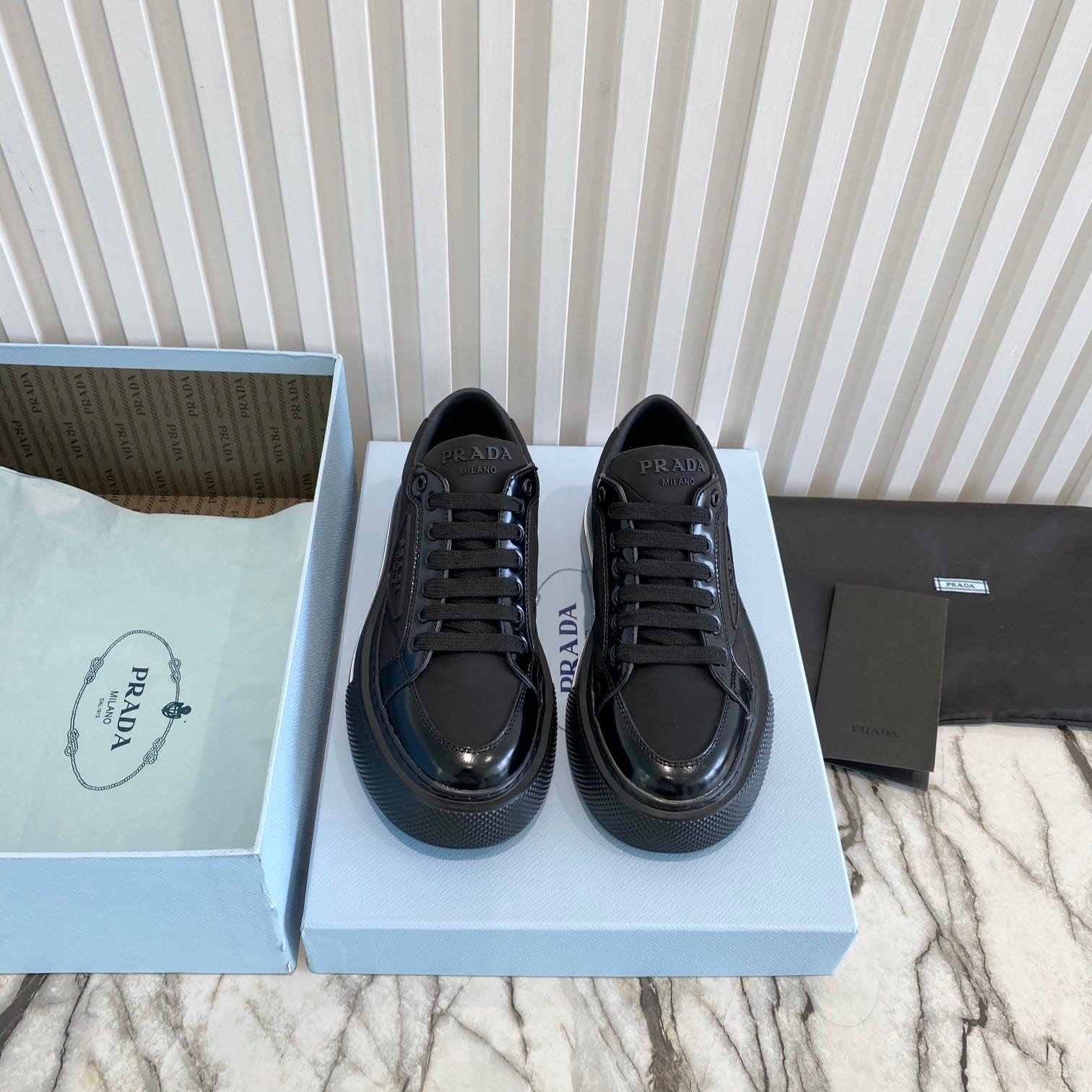 Pra*a Macro Re-Nylon And Brushed Leather Sneakers Black 2Eg3763Lf5F0632
