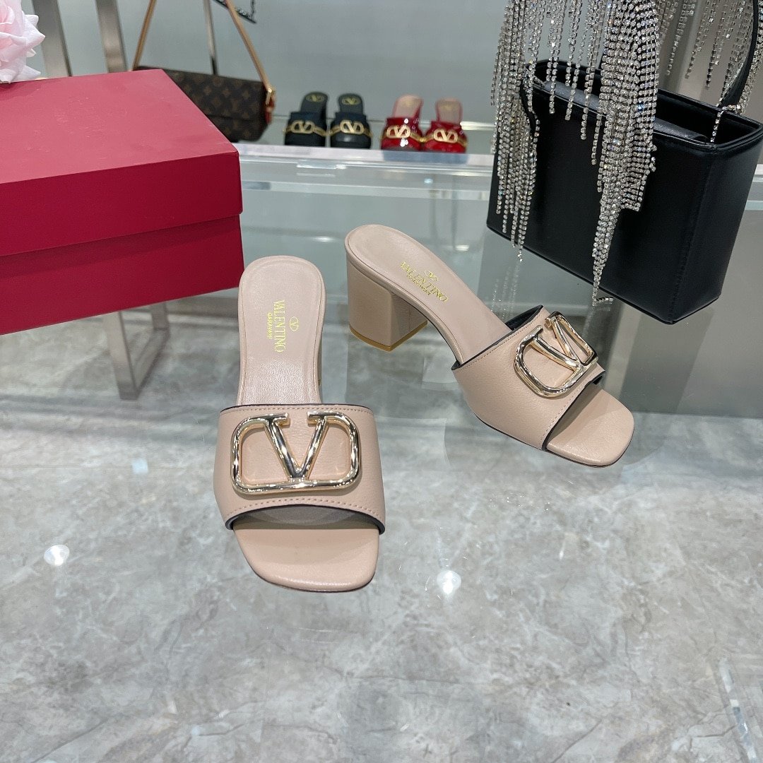 Va1e*ntin0 Vlogo Signature Square Toe Middle Heel Sliver And Poudre Slide Sandal