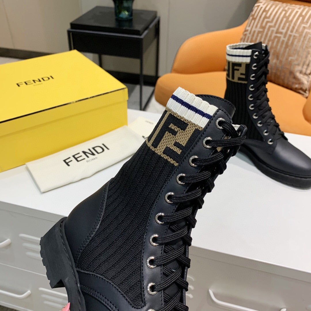 F**di Leather Biker Boots With Beige Ff Cuff Black