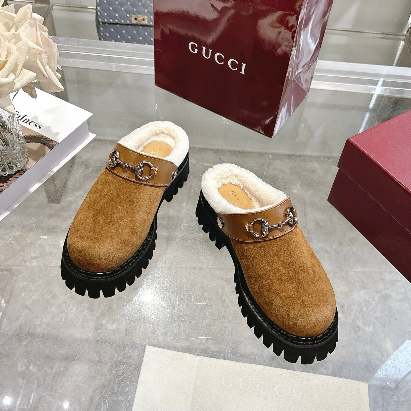 Gvc*1 Horsebit Shearling Mules In Brown Suede