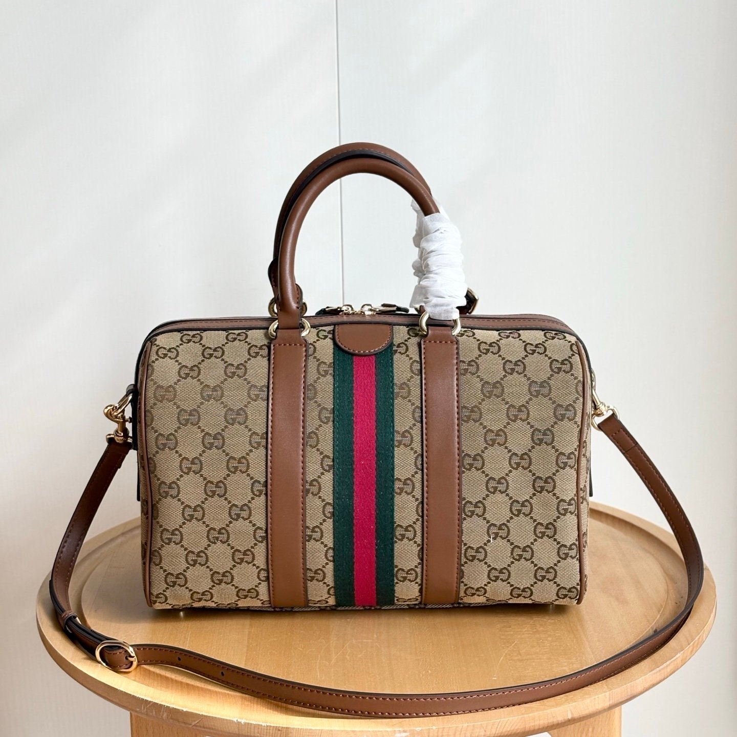 Gvc*1 Ophidia Medium Boston Bag Beige And Brown GG Canvas 30Cm ‎857595 FAFUF 9870