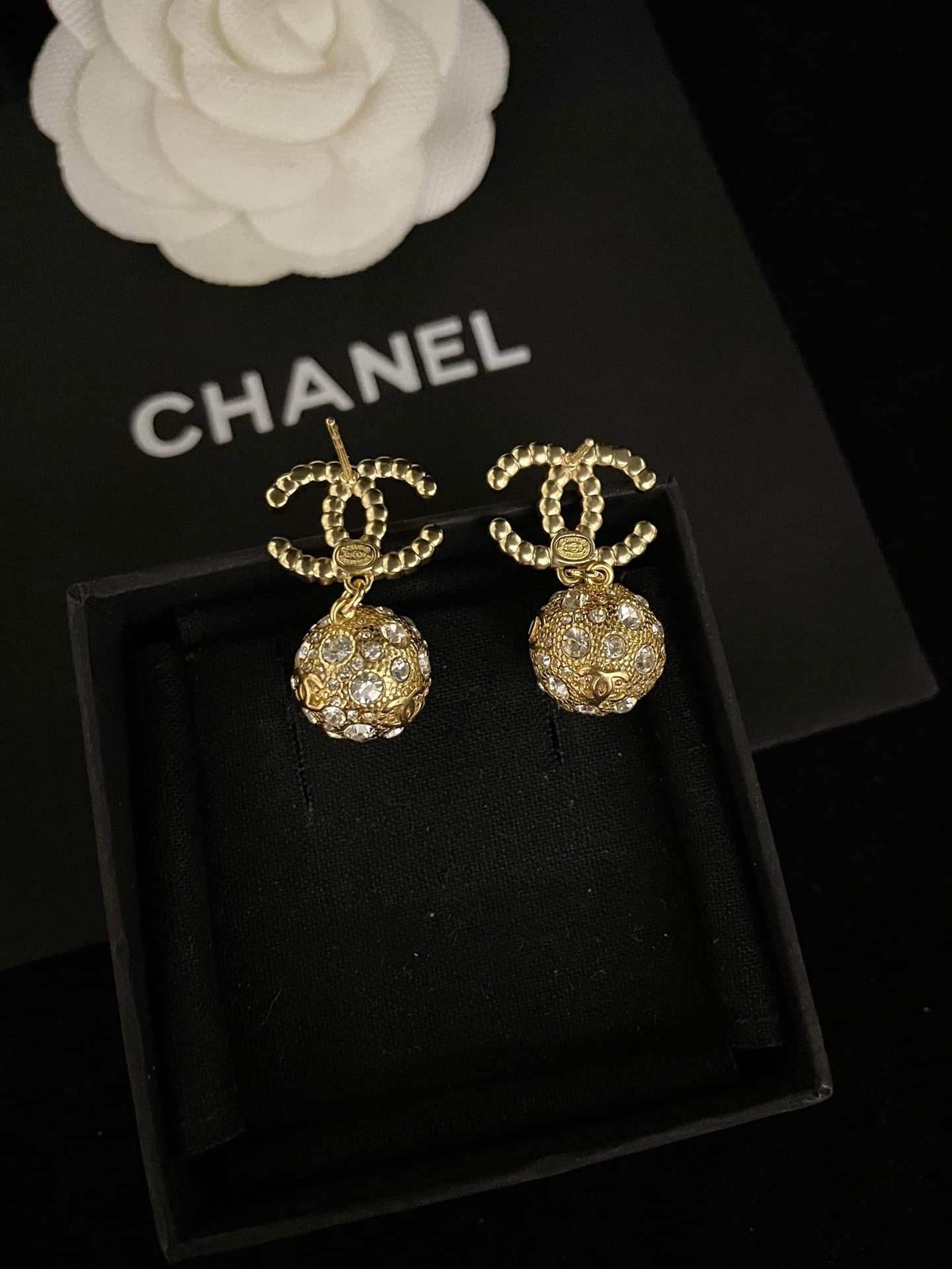 Ch**el New Cc Gold Ball Crystal Pearl Drop Earrings
