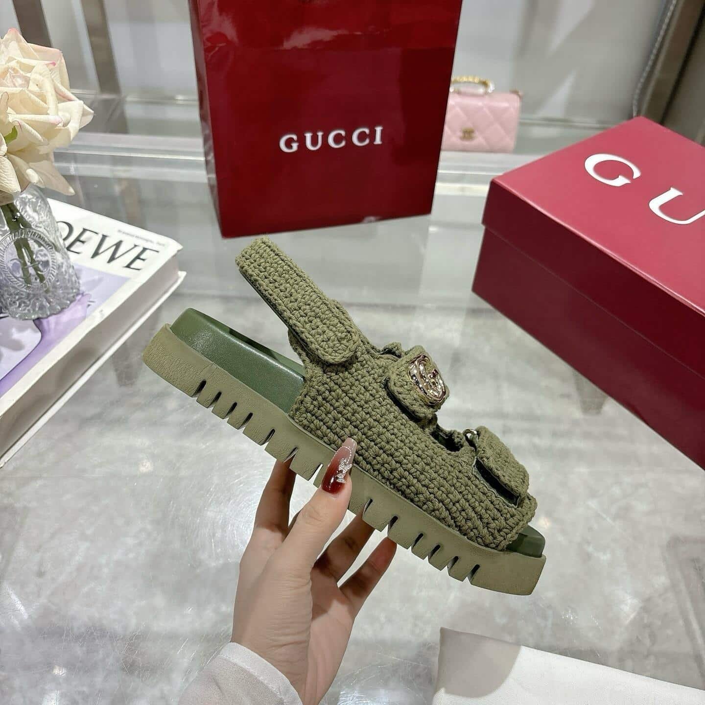 Gvc*1 Women Sandal With Double G Dark Green Crochet ‎835086 Faeq2 3037