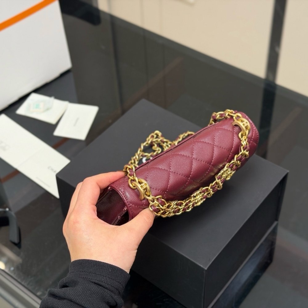 Ch**el Wallet On Chain Gold Tone Metal Dark Burgundy 19Cm