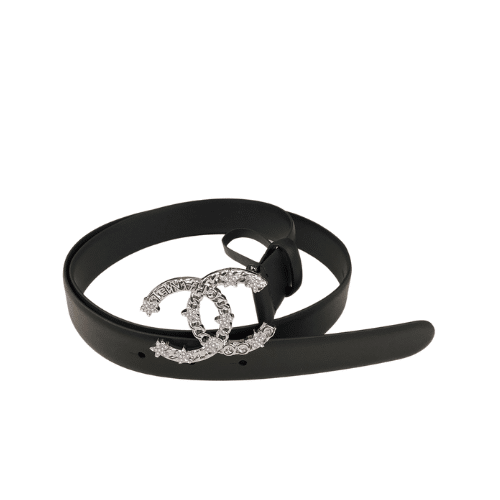 Ch**el Pearls Crystal Sliver Black Belt 28Mm