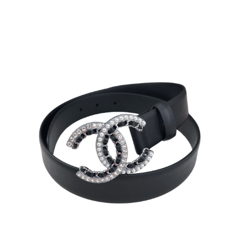 Ch**el Cc Logo In Silver Metal And Black Leather 28Mm