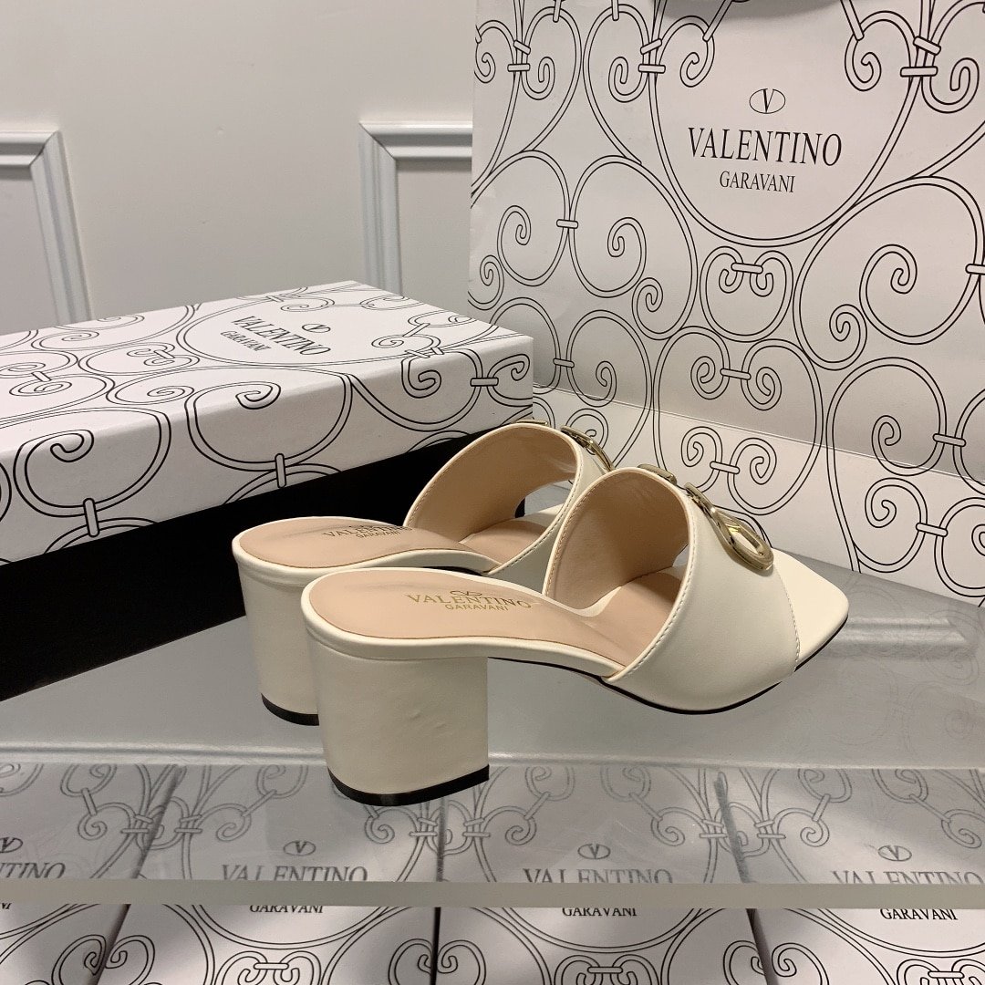 Va1e*ntin0 Vlogo Signature Square Toe Middle Heel White Slide Sandal